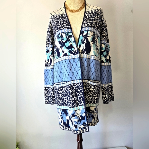 OLSEN Blue And Cream Heavyweight Cotton Blend Patterned Long Cardigan. Size 12 - Picture 1 of 15